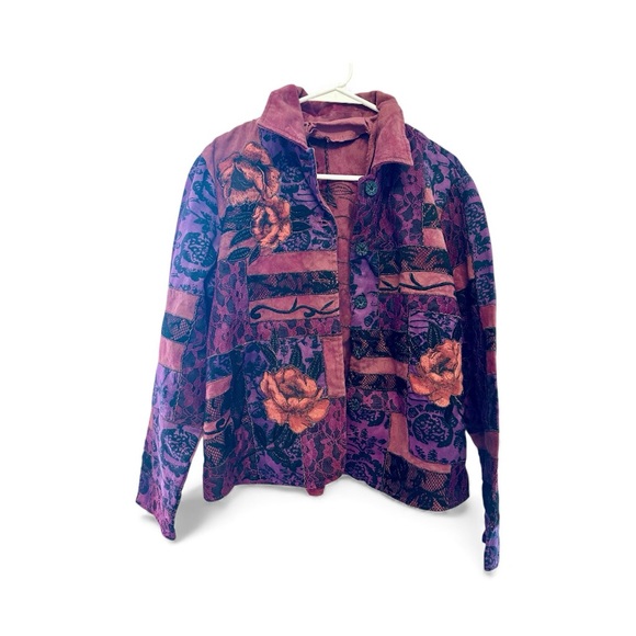Vintage Sweaters - Vintage Y2K Purple and Red Floral Women's Button-Up Cardigan/Jacket Medium